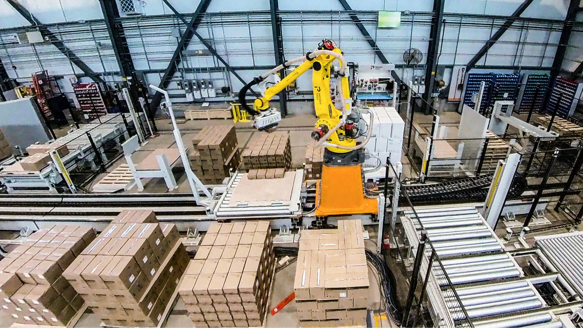 A robot palletizer handles mixed cases