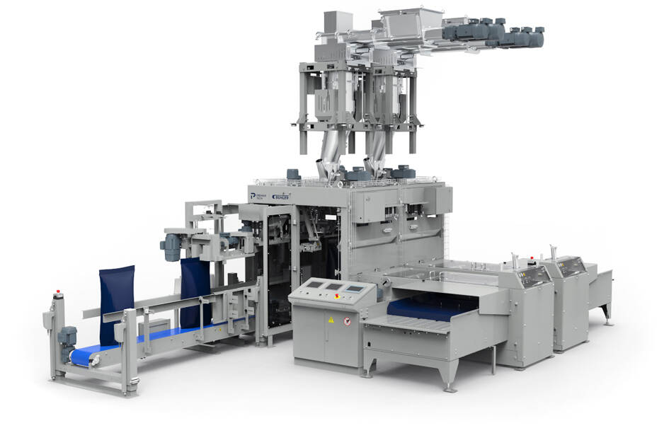 Open mouth bagger OMP-2090 equipped with 2 screw feeders