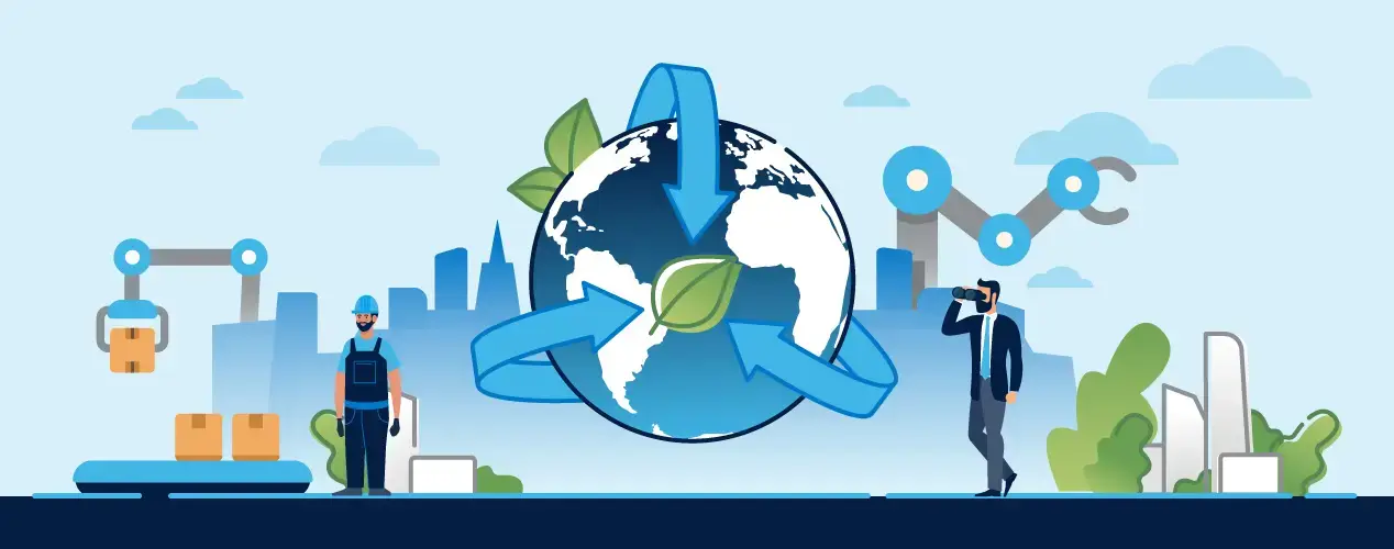 Automated machines and team members collaborating with the planet in the background for sustainable manufacturing.