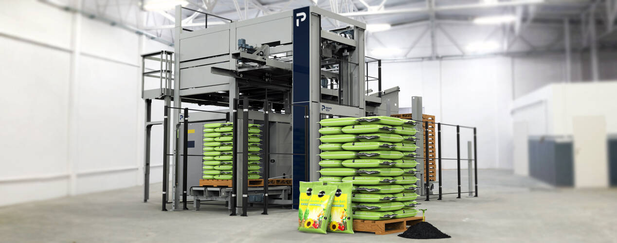 Stacks of soil bags arranged like a growth diagram to illustrate the financial benefits and profitability gains of automation