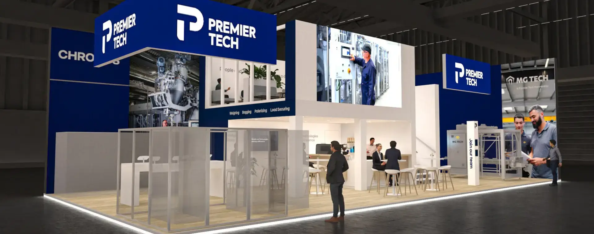 3D render of the joint Premier Tech and MG Tech booth for Interpack 2026, showcasing their combined packaging technologies