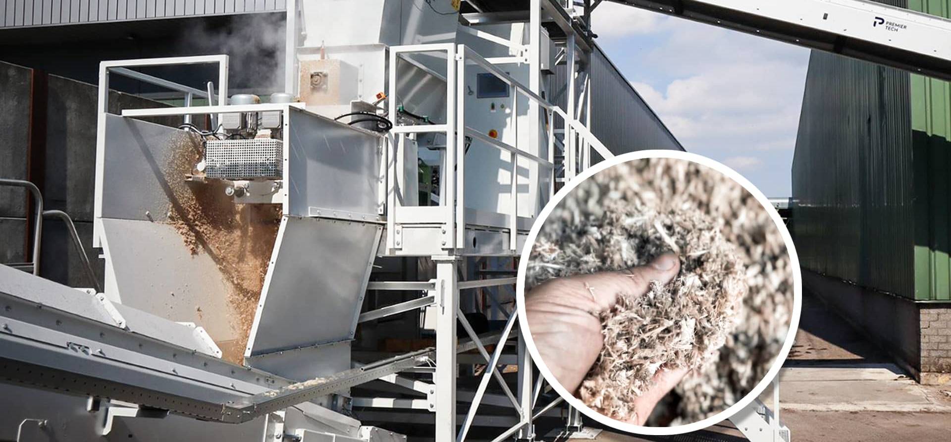 Image of a wood fiber machine in action and close up on wood fiber material in a person's hands