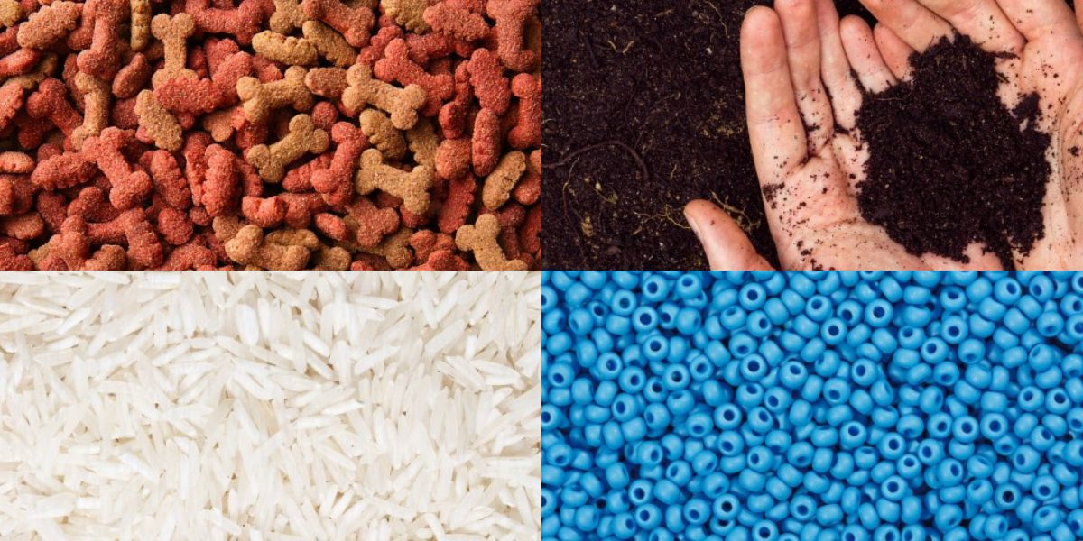 Picture showing four different types of products, including dog food, soil, rice and plastic pellets 