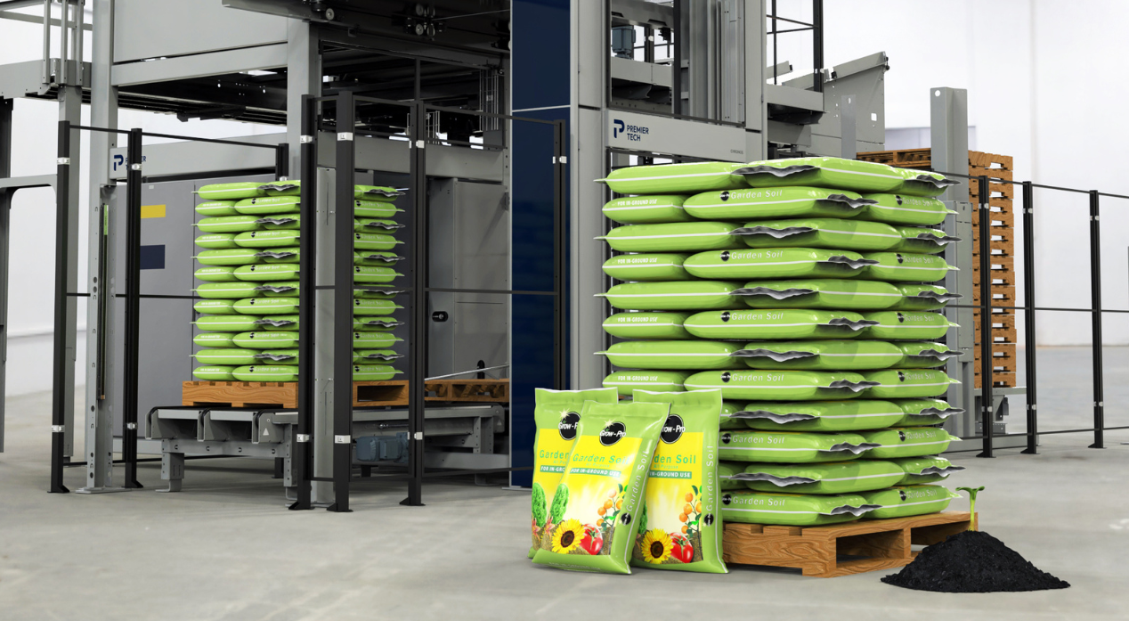 Stacks of soil bags arranged like a growth diagram to illustrate the financial benefits and profitability gains of automation
