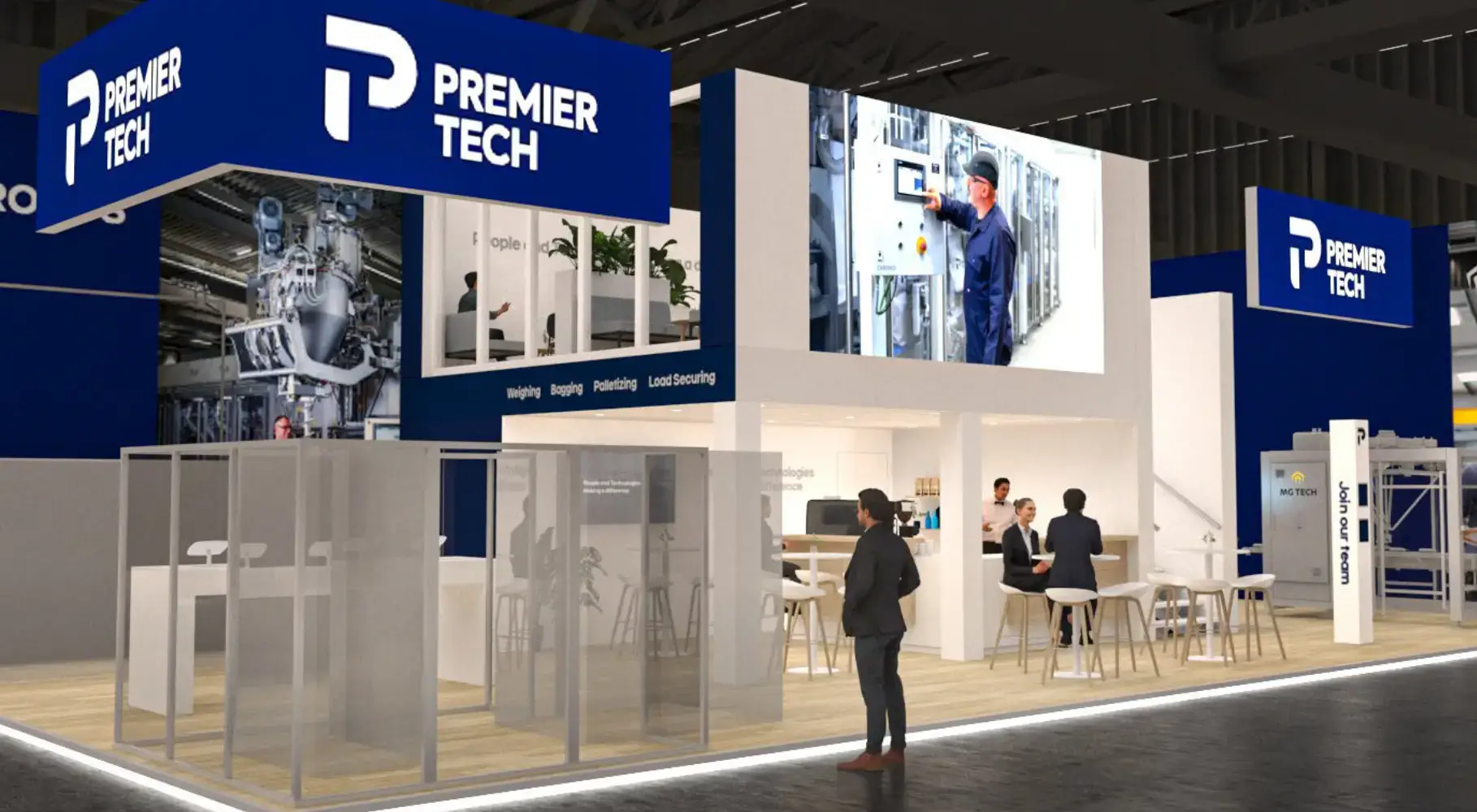 3D render of the joint Premier Tech and MG Tech booth for Interpack 2026, showcasing their combined packaging technologies