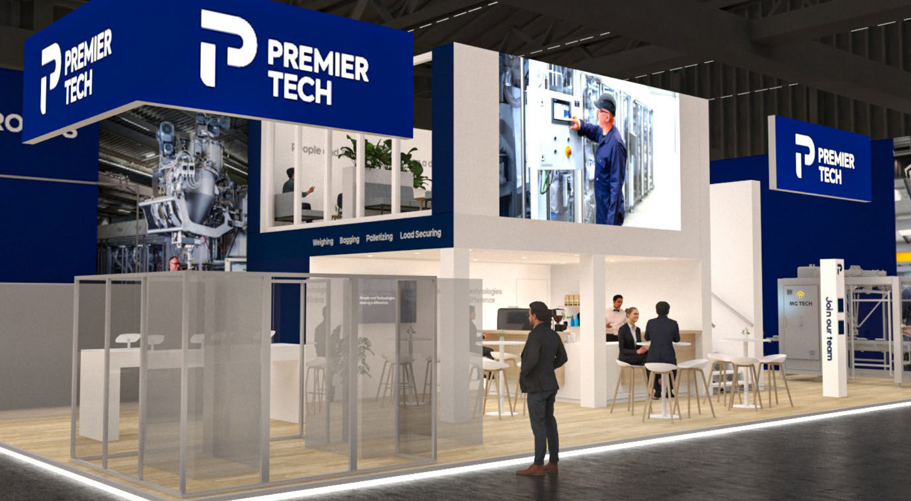 3D render of the joint Premier Tech and MG Tech booth for Interpack 2026, showcasing their combined packaging technologies