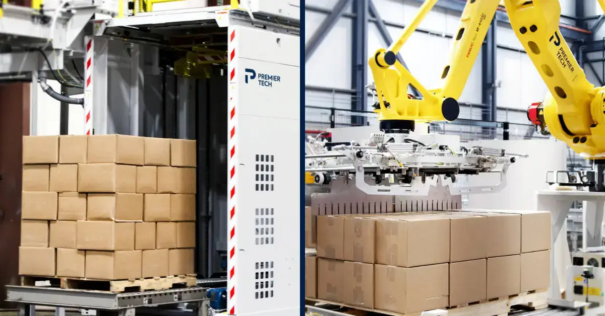 Conventional and robotic palletizing side by side in a production environment, illustrating two different automation approaches