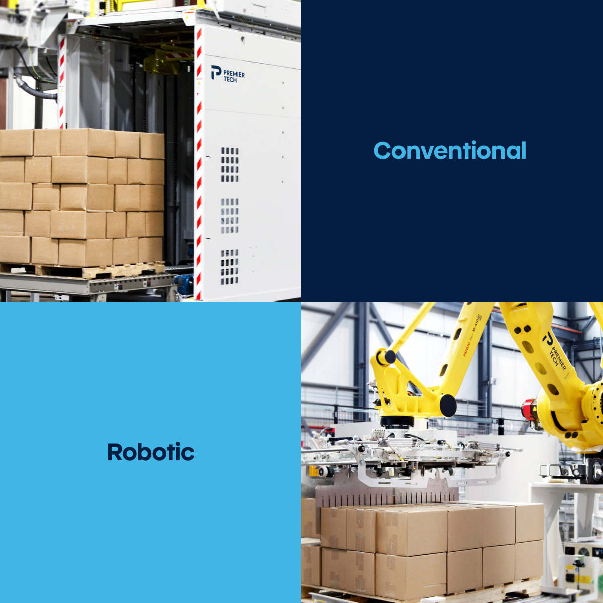 Conventional and robotic palletizing side by side in a production environment, illustrating two different automation approaches