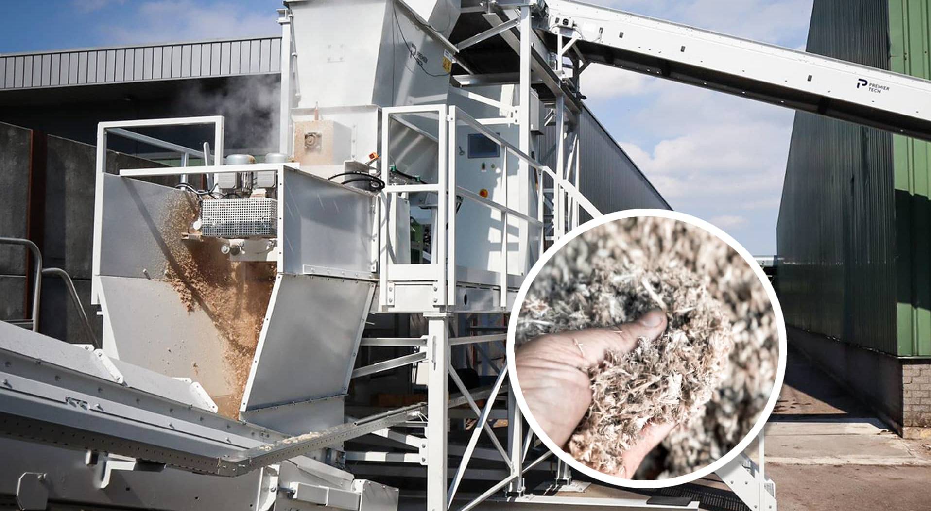 Image of a wood fiber machine in action and close up on wood fiber material in a person's hands