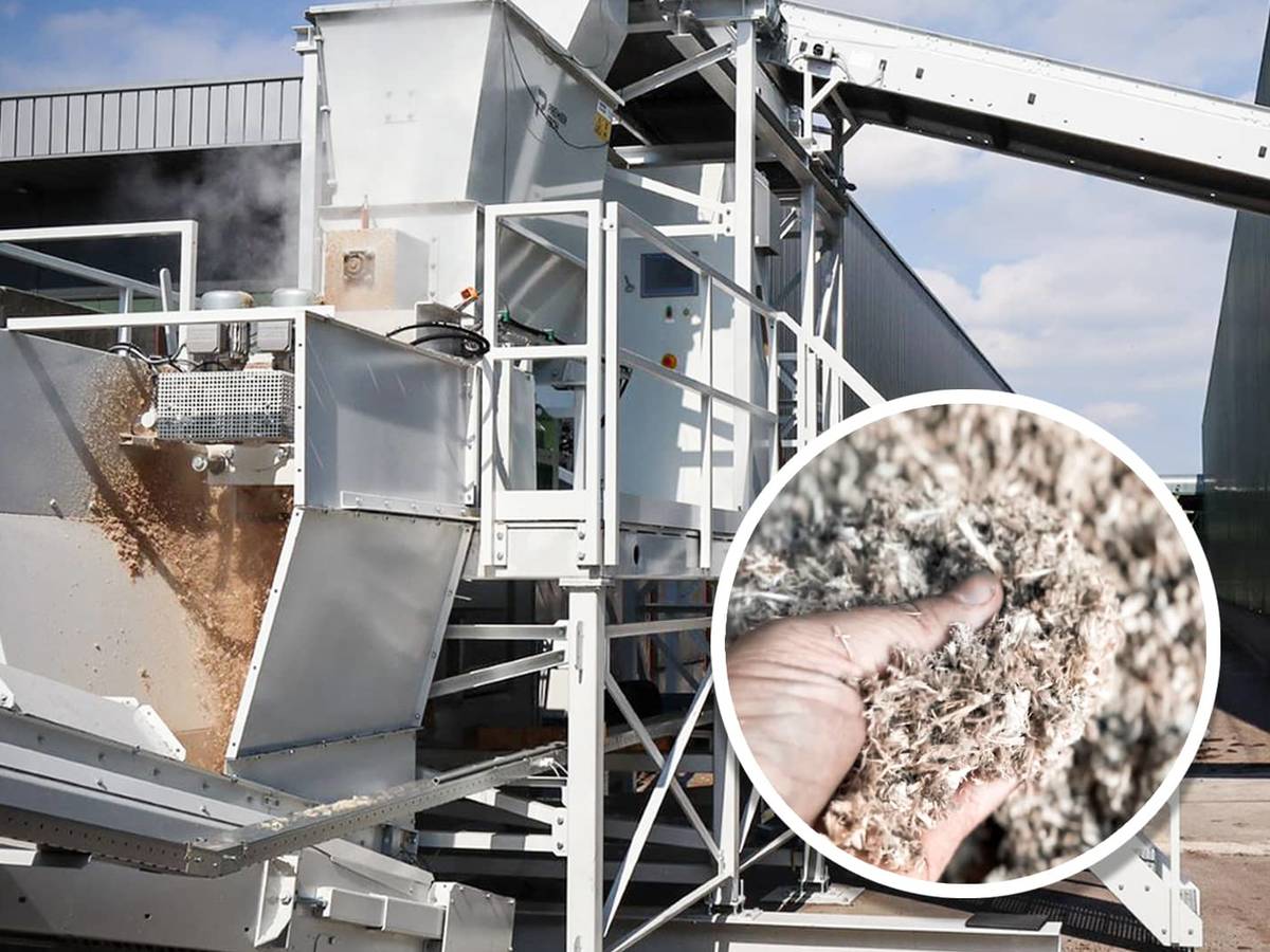 Image of a wood fiber machine in action and close up on wood fiber material in a person's hands