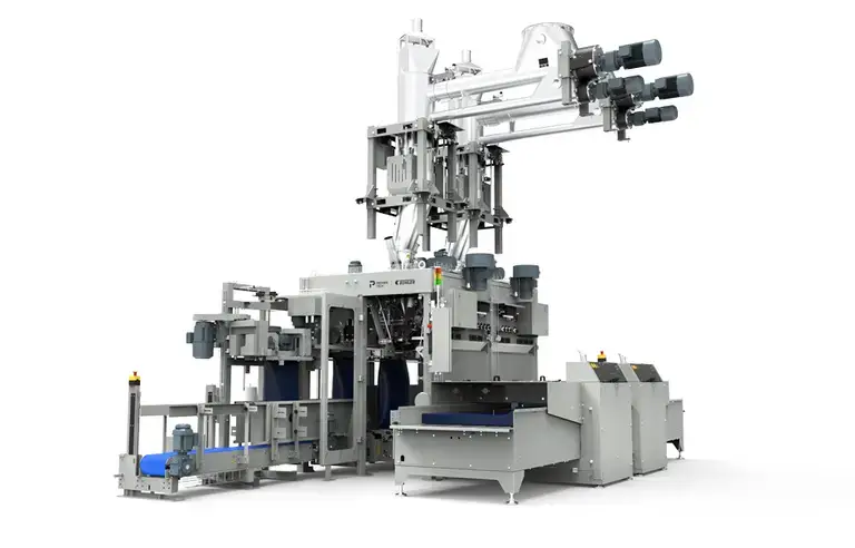 Open mouth bagger OMP-2090 equipped with 2 screw feeders