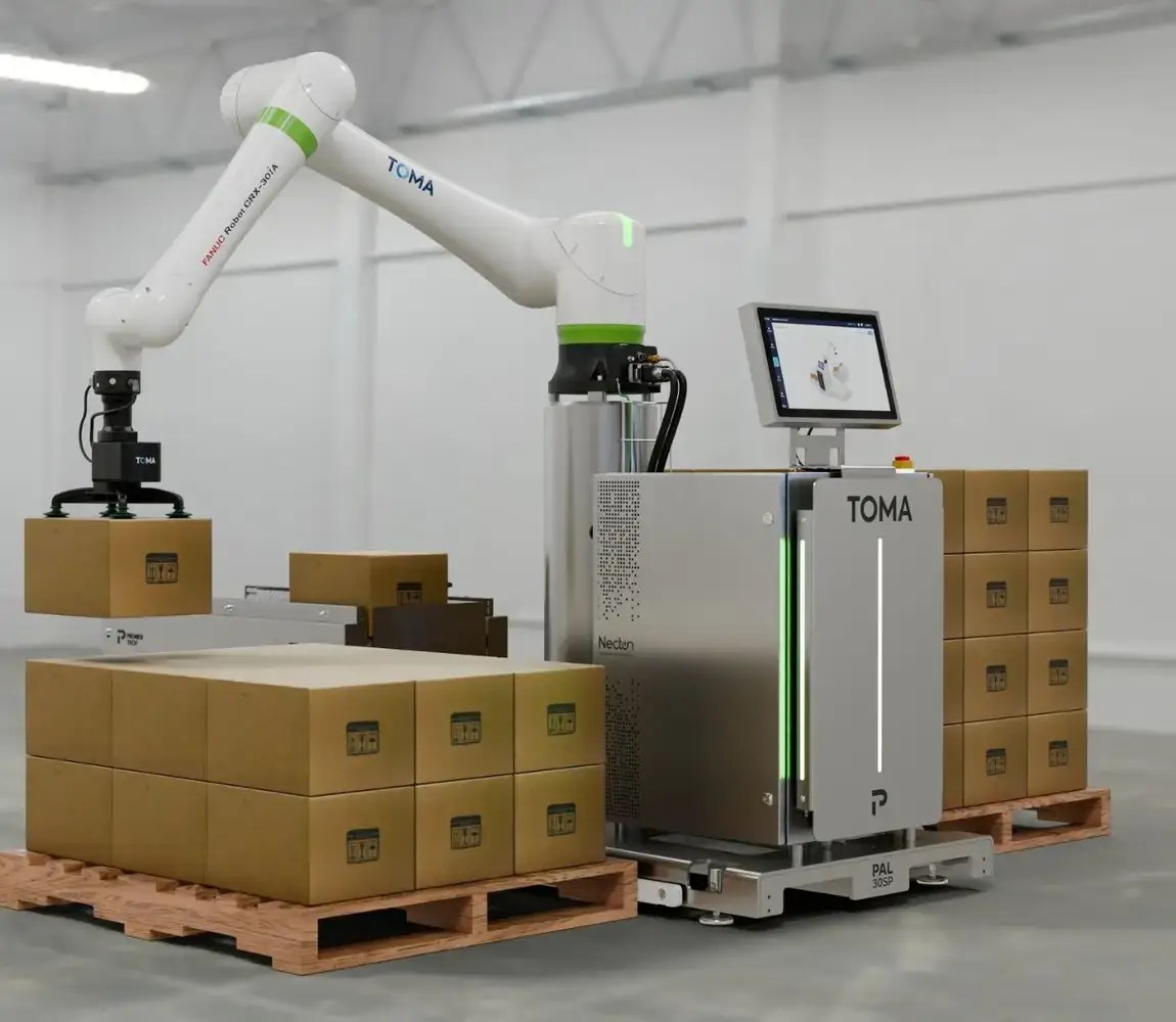 TOMA cobot palletizer in stainless for hygienic applications