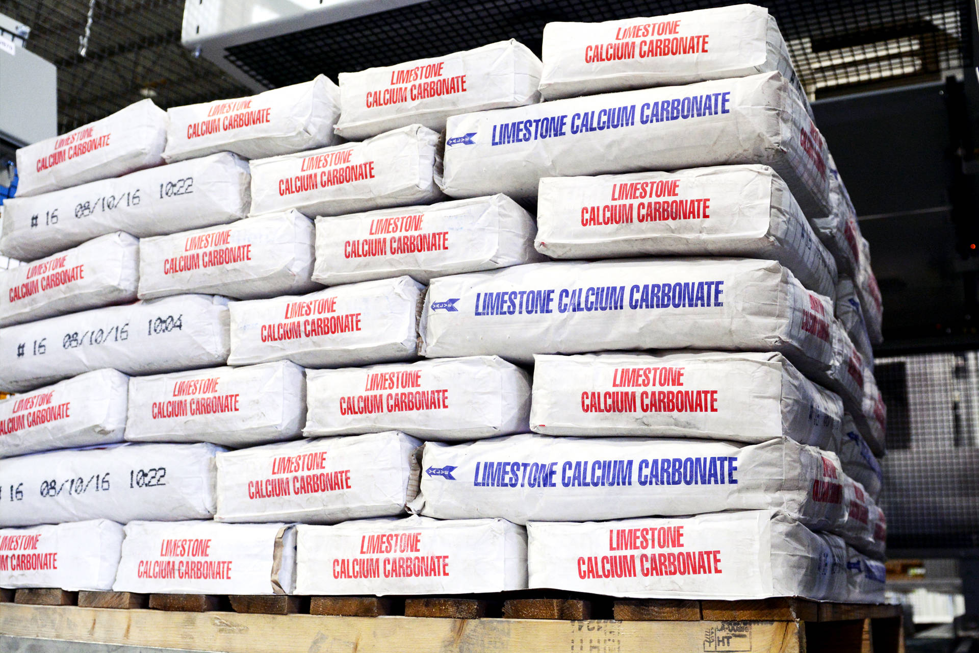 Limestone calcium carbonate bags stacked on a pallet