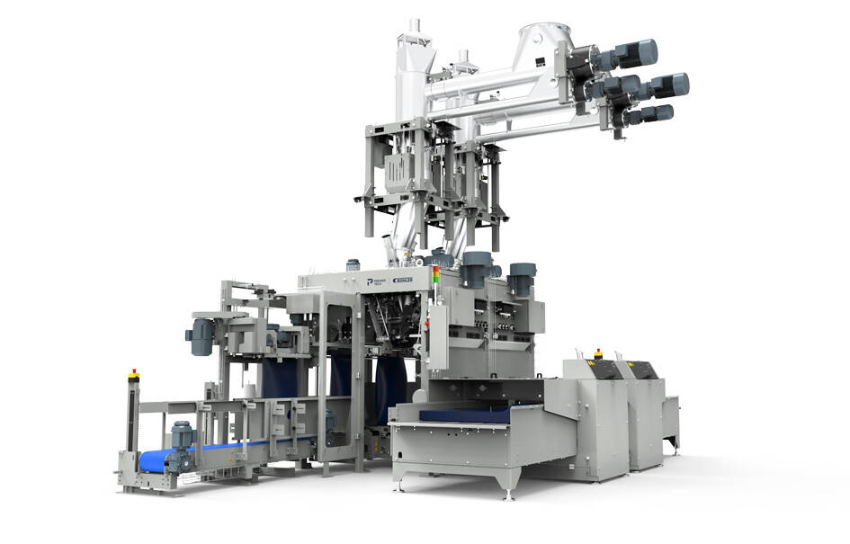 Open mouth bagger OMP-2090 equipped with 2 screw feeders