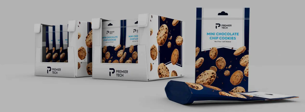 Branded wrap-around boxes and bags of cookies displayed together