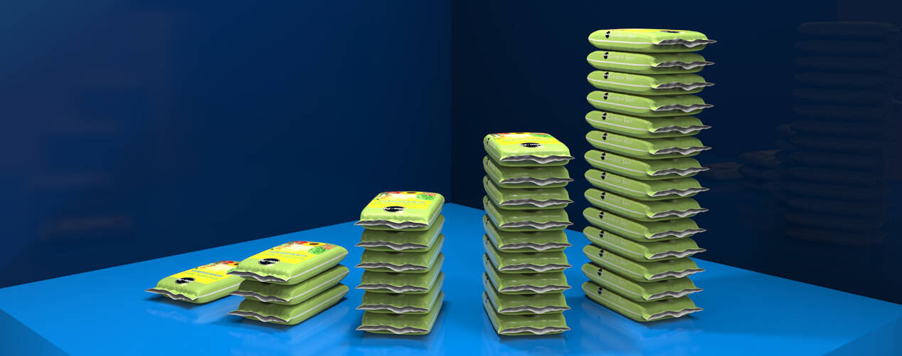 Stacks of soil bags arranged like a growth diagram to illustrate the financial benefits and profitability gains of automation
