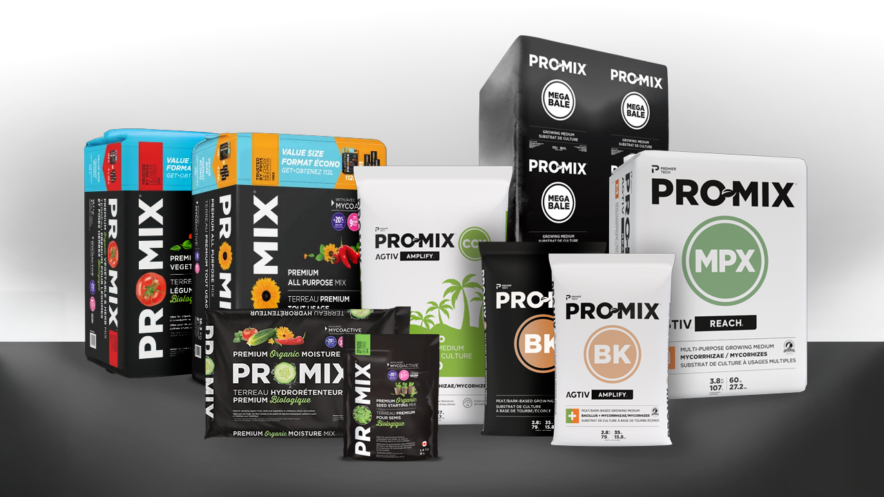 Range of growing media products from small hobby bags to professional mixes, illustrating changing packaging and palletizing needs