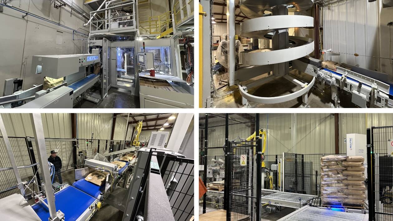 Automated corn flour packaging line installed at Iowa Corn Processors, featuring the BFL-1060 bagger, BCH-1100 bag closer, ISC-1000 checkweigher, RPL-4111 robotic palletizer, and TWCA stretch wrapper by Premier Tech.