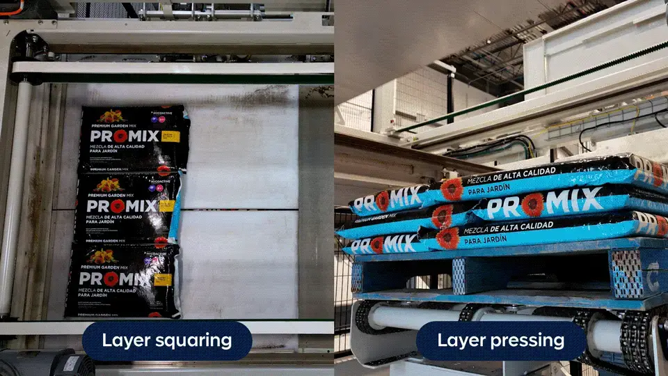 Animation showing palletizer layer squaring and layer pressing to keep each layer stable and aligned on the pallet