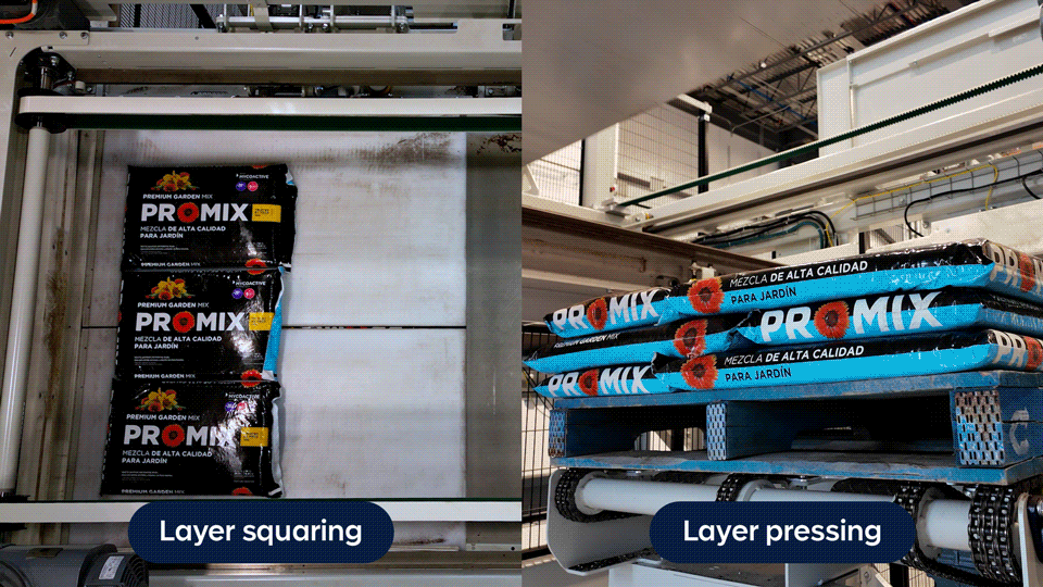 Animation showing palletizer layer squaring and layer pressing to keep each layer stable and aligned on the pallet