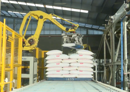 Robotic palletizer placing bags on a pallet